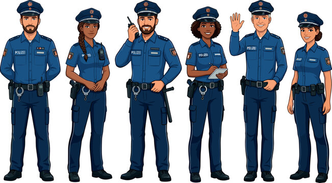 German police officers team standing together wearing blue polizei uniforms cartoon style character set vector illustration