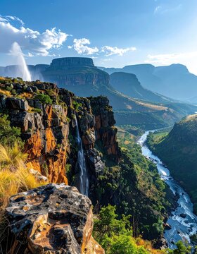 A majestic waterfall cascades down a rocky cliff face overlooking a winding river valley and distant mountains under a clear blue sky with fluffy clouds.