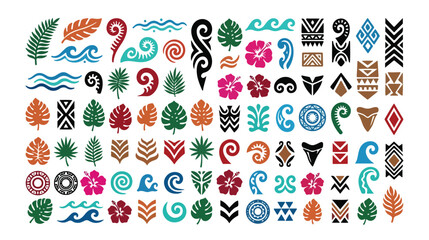 Polynesian tribal vector art collection, a vibrant set of tropical leaves, hibiscus flowers, and ocean waves. Traditional Hawaiian and Maori inspired motifs © Abida