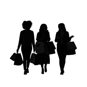 Silhouette of three women walking with shopping bags from popular brands