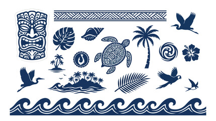 Tropical Hawaiian vector icon set, intricate Polynesian tribal design elements, exotic island flora and fauna, ocean waves and tiki mask illustrations for travel and vacation themes © Abida