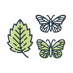 Fototapeta premium A leaf and two butterflies designed in two-tone line art with a green and dark outline on a plain background.