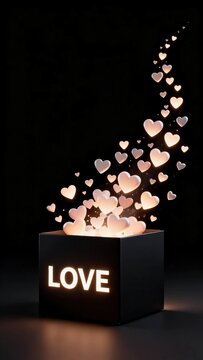 Glowing warm light hearts flying out from black gift box with glowing LOVE text on dark background, romantic 3d love concept for valentines day celebration