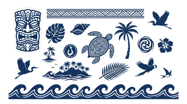 Tropical Hawaiian vector icon set, intricate Polynesian tribal design elements, exotic island flora and fauna, ocean waves and tiki mask illustrations for travel and vacation themes