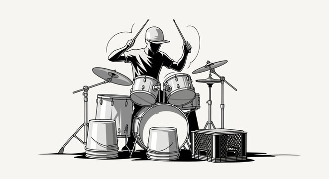 Street drummer vector performing on an improvised drum kit