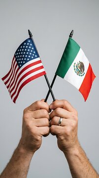 Two hands holding crossed flags of the united states and mexico, grey