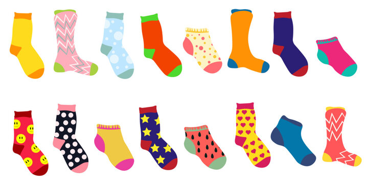 Large collection of colorful socks in different styles, patterns and colors. Cute cartoon vector illustration isolated on white background. Perfect for apparel design, laundry themes, textile prints, 