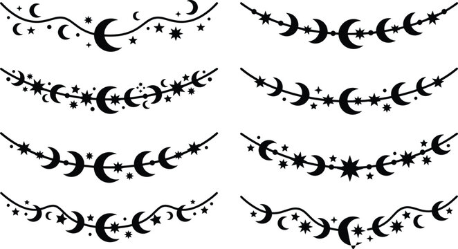 Celestial moon and stars garlands set featuring black boho hanging border vectors isolated on white background