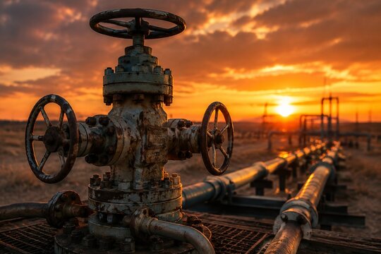 Weathered steel wellhead valve assembly at sunset.