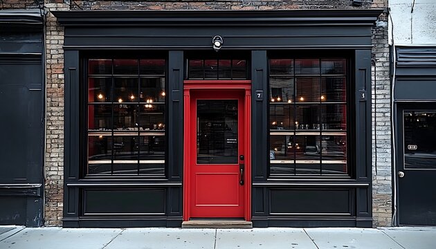 Modern storefront with red door and large windows, black facade, urban building exterior, retail space.