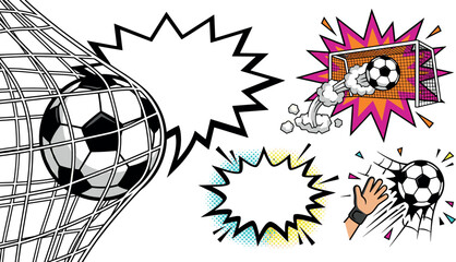 Comic book style soccer goal elements set with speech bubbles and flying football vector illustration © Mstogifa