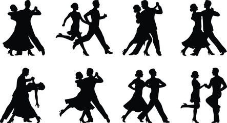 Obraz premium Black silhouettes of professional ballroom dancers and couples dancing salsa, tango, and waltz, isolated on white background