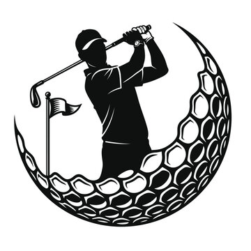Golf player silhouette swinging club inside golf ball