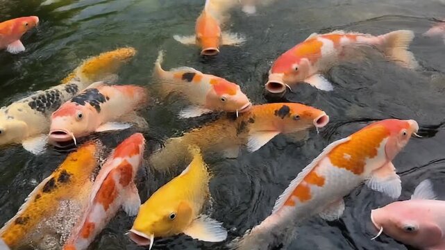 A captivating close-up of vibrant Koi fish, showcasing their striking orange, white, and yellow patterns as they gracefully glide through the clear, tranquil waters of a garden pond