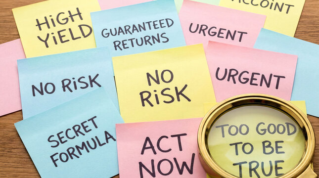 High yield guaranteed returns urgent no risk secret formula act now too good to be true sticky notes magnifying glass financial concept investment scam warning business caution opportunity paper
