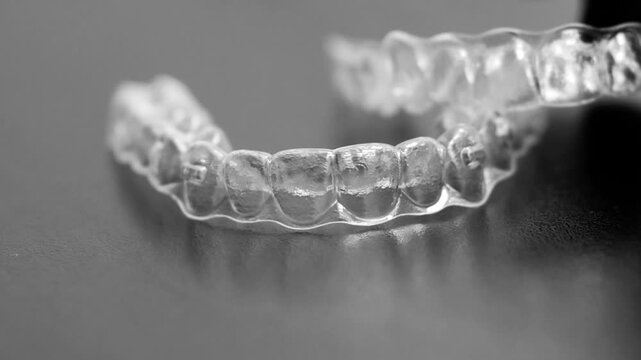 Black and white footage dental aligners on surface monochrome medical style