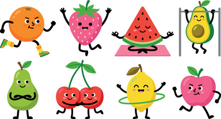 Fototapeta premium Cute cartoon fruit characters icon set doing fitness workouts yoga and running exercises vector illustration