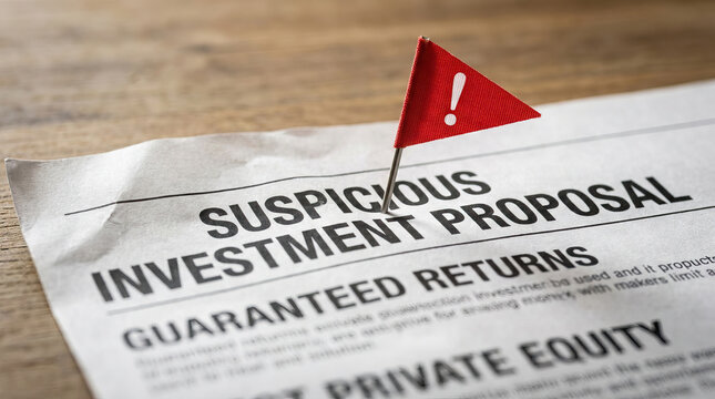 Suspicious investment proposal with red warning flag on paper indicating caution and alert for potential financial risk or scam in business opportunity