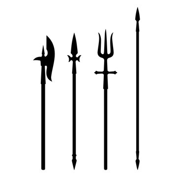 Set of four ancient medieval polearm weapons in black silhouette with medieval