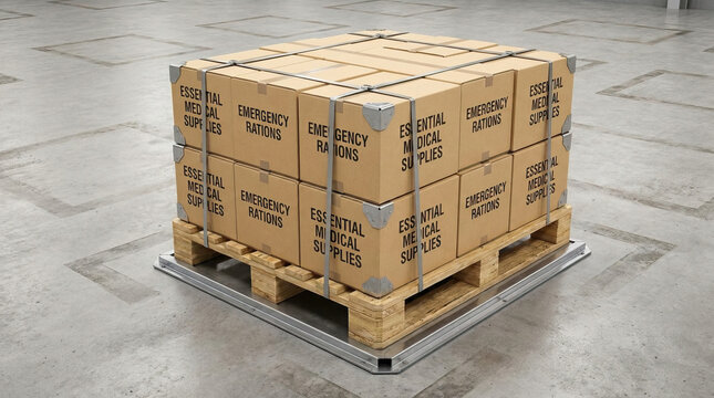 Essential medical supplies and emergency rations packed in cardboard boxes secured with metal straps on reinforced wooden pallet, ready for transport or storage in warehouse