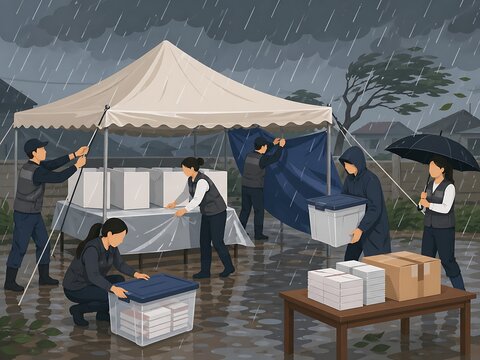 Volunteers diligently protect vital supplies under a makeshift shelter during a severe downpour, ensuring essential items remain safe from the relentless deluge and stormy weather conditions