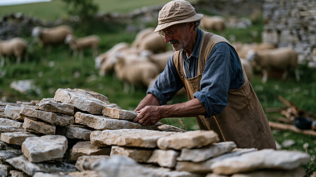 Elderly dry stone waller in a Cotswold pasture dismantling a collapsed boundary wall section before rebuilding, sorting cope stones by size on the grass, sheep grazing behind,