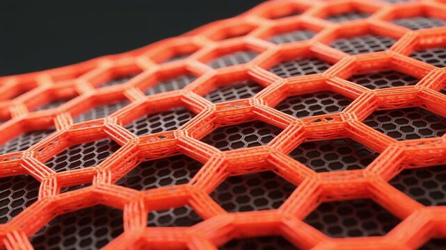 Macro loop video of 3D printed orange graphene honeycomb structure over black carbon fiber grid. Advanced materials manufacturing, additive technology, industry 4.0 tech concept