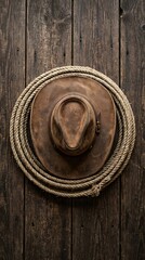 Fototapeta premium Brown leather cowboy hat centered inside a coiled lasso on wood floor