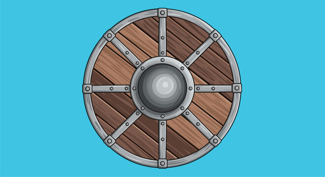 Round viking style shield made of wooden planks and reinforced with metal bands and a central boss on a blue backdrop.