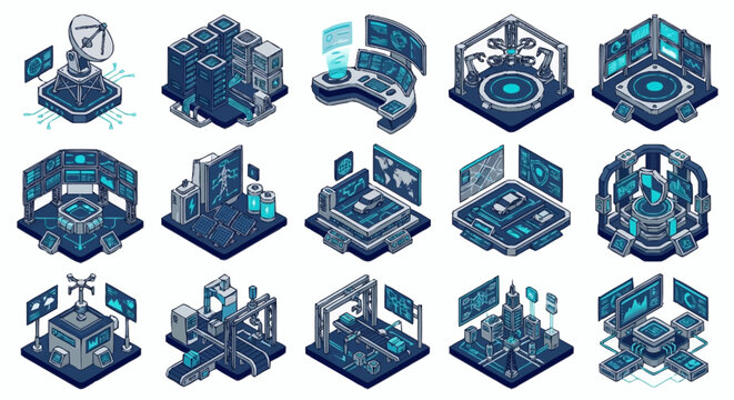 Isometric Technology Data Center Network Servers Concept.