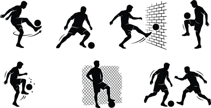 Soccer player silhouette icon set showing solo ball control dribbling and wall passing practice drills