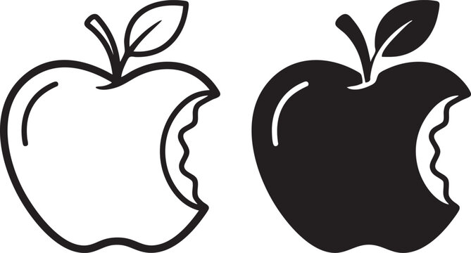 Two bitten apple silhouettes a black and white graphic illustration with simple outlines and shapes apples fruit