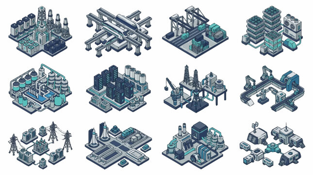 Isometric Industrial Factory Complex and Machinery Illustrations.