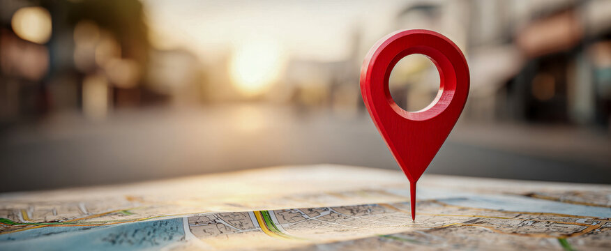 Pin marks location on map during sunset in town center with buildings in background and sun low in sky
