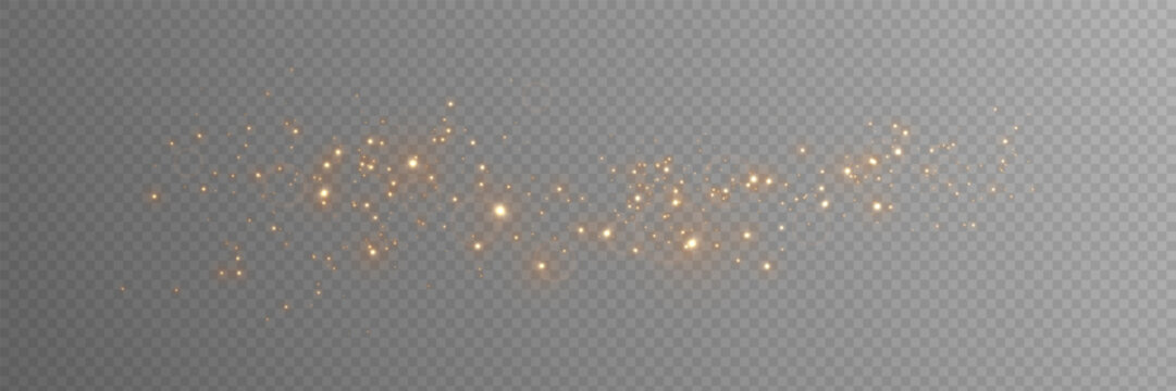 Gold glitter light effect. Sparkling particles and glowing bokeh on transparent background. Luxury festive decoration for celebration, holiday or elegant design. Vector illustration.
