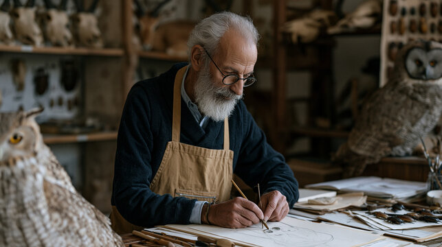 Senior taxidermist in a natural history museum workroom fitting glass eyes into a large owl specimen, sculpting tools and reference sketches spread across the bench, shelving
