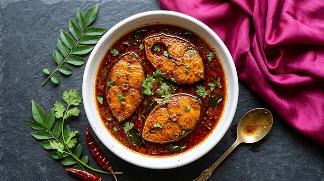 Spicy indian fish curry with curry leaves and red chili