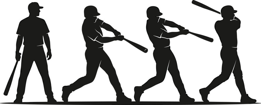 Baseball player batter silhouette set showing sequence of hitting motion swing stance and follow through sport action vectors