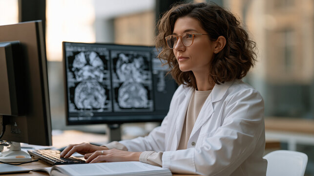 Psychedelic therapy clinical researcher reviewing anonymized patient neuroimaging scans comparing pre- and post-treatment default mode network activity on a high-resolution