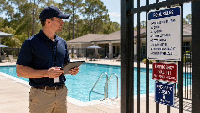 Inspector checking pool gate and rules sign at a residential community swimming pool while holding a tablet