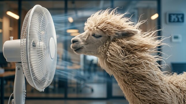  Funny fluffy alpaca enjoying cool wind from an electric fan in a hot summer office. Extreme heatwave relief concept