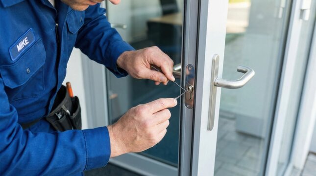 Locksmith adjusting door lock mechanism in workshop close up