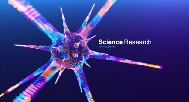 Viral particle. Pathogenic organism. Microscopic object for medicine, science, or technology. Molecule. Grid. Glow effect. 3D illustration for brochure, poster, cover, presentation, flyer or banner.