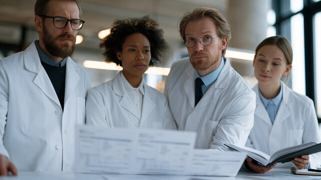 Multicultural group of graduate students reviewing a failed replication experiment, standing around a lab bench covered in annotated printouts and inconsistent data charts,