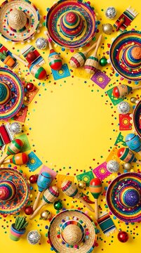 Mexican fiesta background, with sombreros, maracas, and confetti