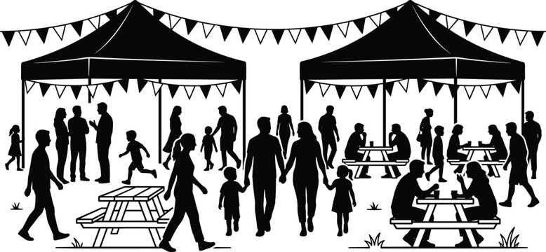 Outdoor festival and family picnic silhouette vector background showing people under festival tents with tables and bunting flags