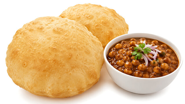 Chole bhature with fluffy bread and chickpea curry, white background