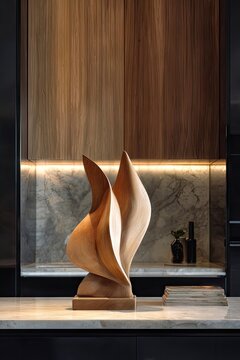 Abstract wooden sculpture on modern kitchen counter surface.