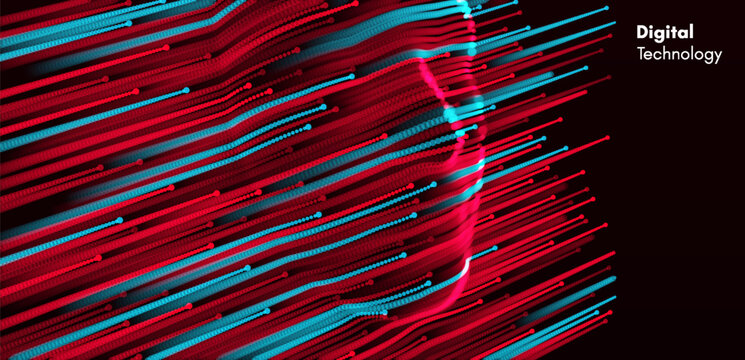 A face extruded from a surface. Dots form a human face or mask on the surface. The process of modeling, recognition, or scanning. Blue-red lines shimmer with dynamic movement and energy. Big data.