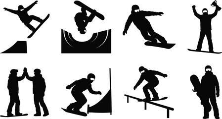Snowboarding Silhouette Collection Featuring Freestyle Tricks, Rail Slides, Halfpipe Action and Winter Sports © Shariyar